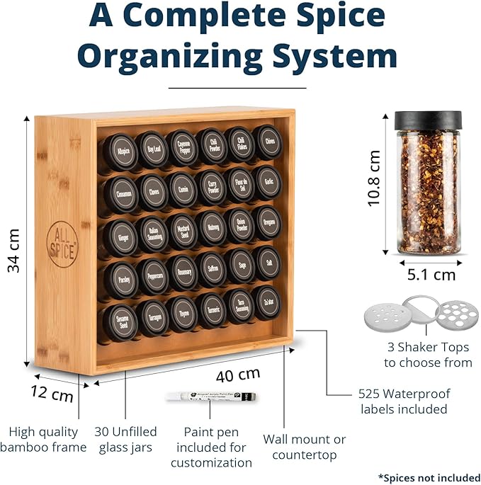 AllSpice Spice Rack Organizer, 525 Unique Labels, Countertop or Wall Mount - Image 3