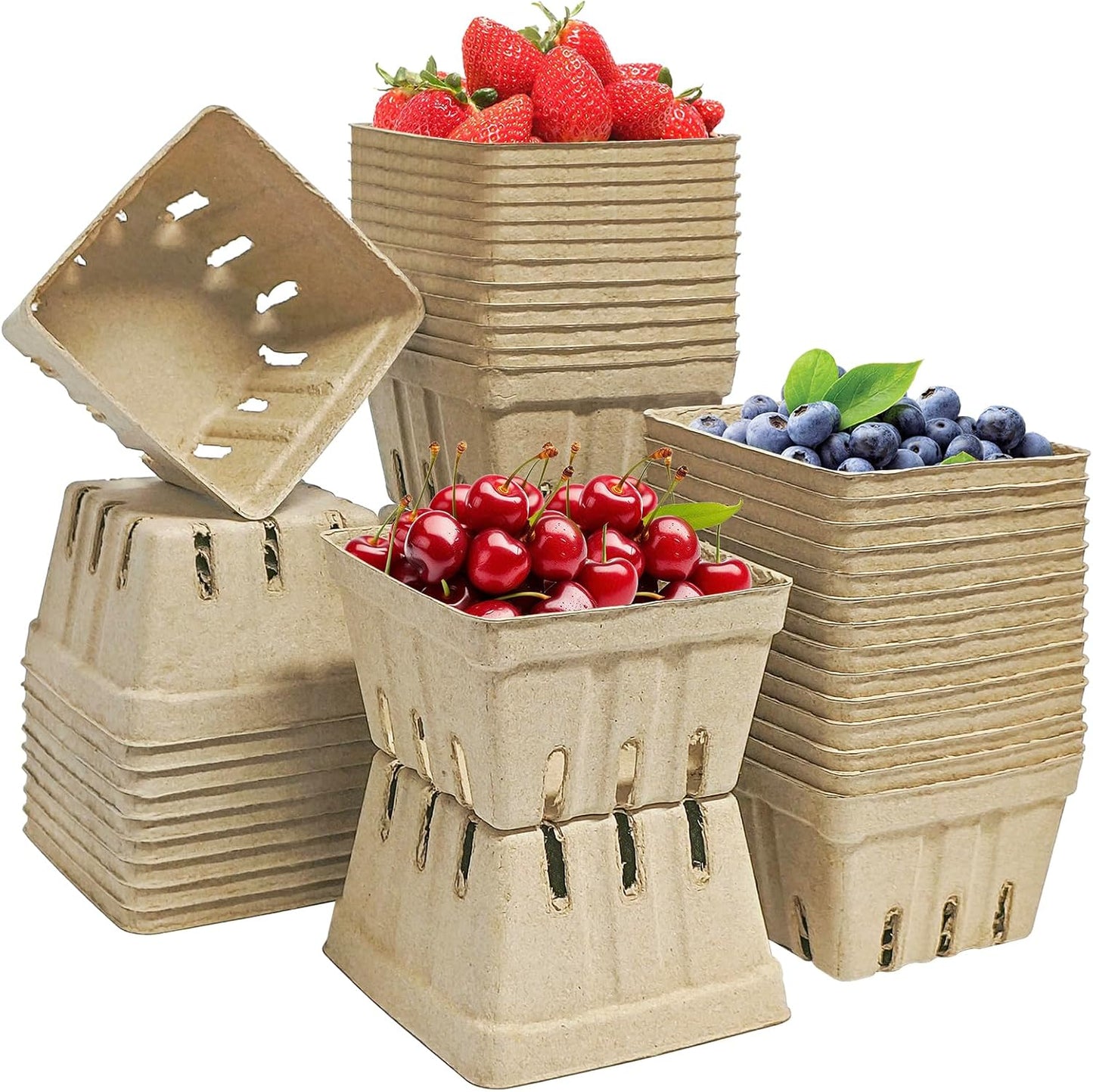 45 Pcs Natural Pulp Fiber Berry Basket Small Vented Berry Picking Basket | Small Container Holder, for Fruits, Vegetable, Farmer Market, Grocery