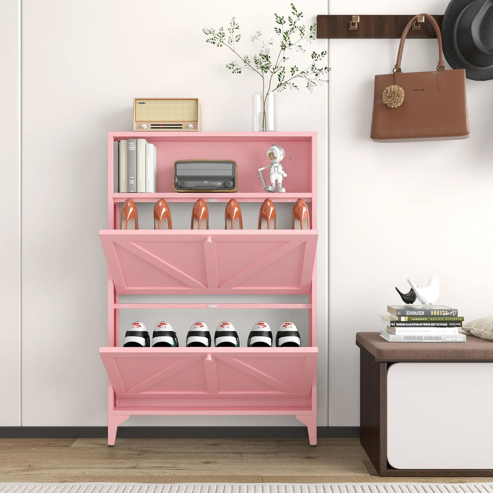 Shoe Cabinet with 2 Flip Drawers, Narrow Shoe Storage Cabinet, Farmhouse Shoe...