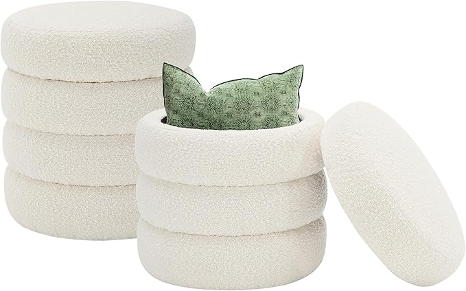 Round Ottoman with Storage Boucle Ottoman Stool with Storage Removable Lid by Krcix