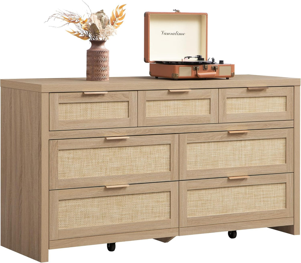 SICOTAS 7 Drawer Rattan Dresser for Bedroom, 57" Wide Dresser