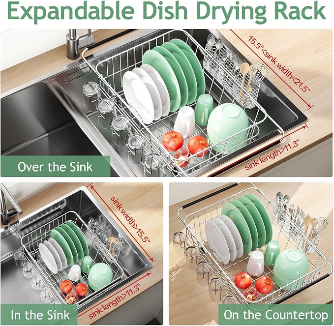 Dish Drying Rack in Sink, Extendable Stainless Steel Dish Drainers - Image 3