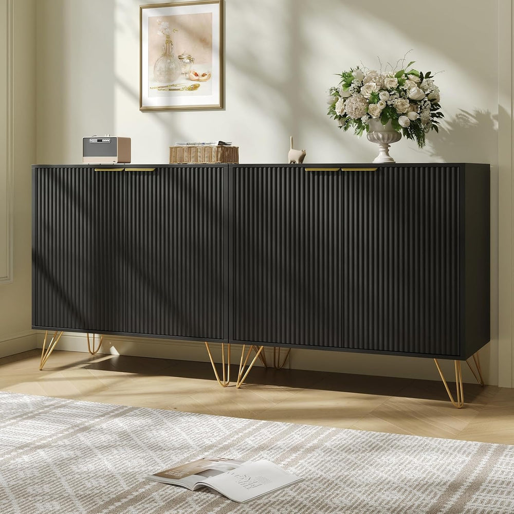 Storage Cabinet with 2 Fluted Doors and Adjustable Shelves, Black, 2pcs丨Moder...