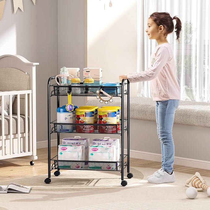 TOOLF 3-Tier Metal Rolling Cart, Mesh Wire Easy Assemble Utility Cart, Storage - Image 8