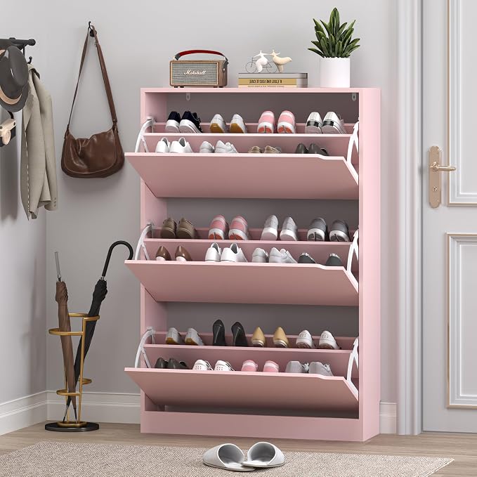 Shoe Cabinet with 3 Flip Drawers, Hidden Wood Shoe Cabinet, Freestanding Shoe - Image 7