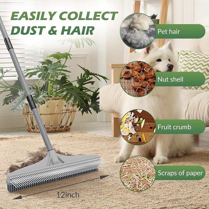 Walensee Carpet Rake for Pet Hair Removal, 2-in-1 Rubber Broom and Nylon Carpet - Image 3