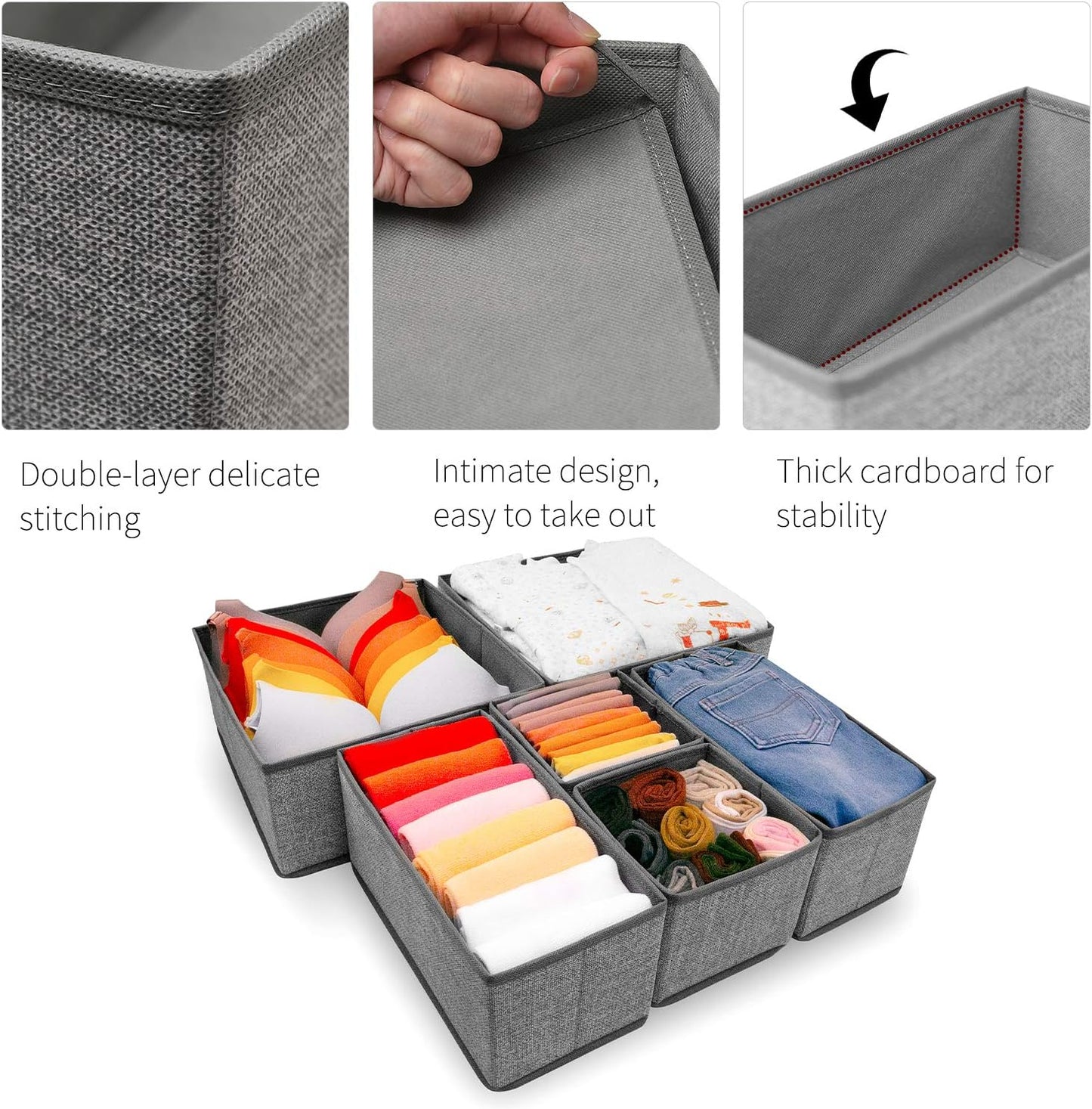Foldable Underwear Drawer Organizer, Closet Dividers, Storage Box for Clothes, Socks (6 Bins, Gray) (Pack of 2)