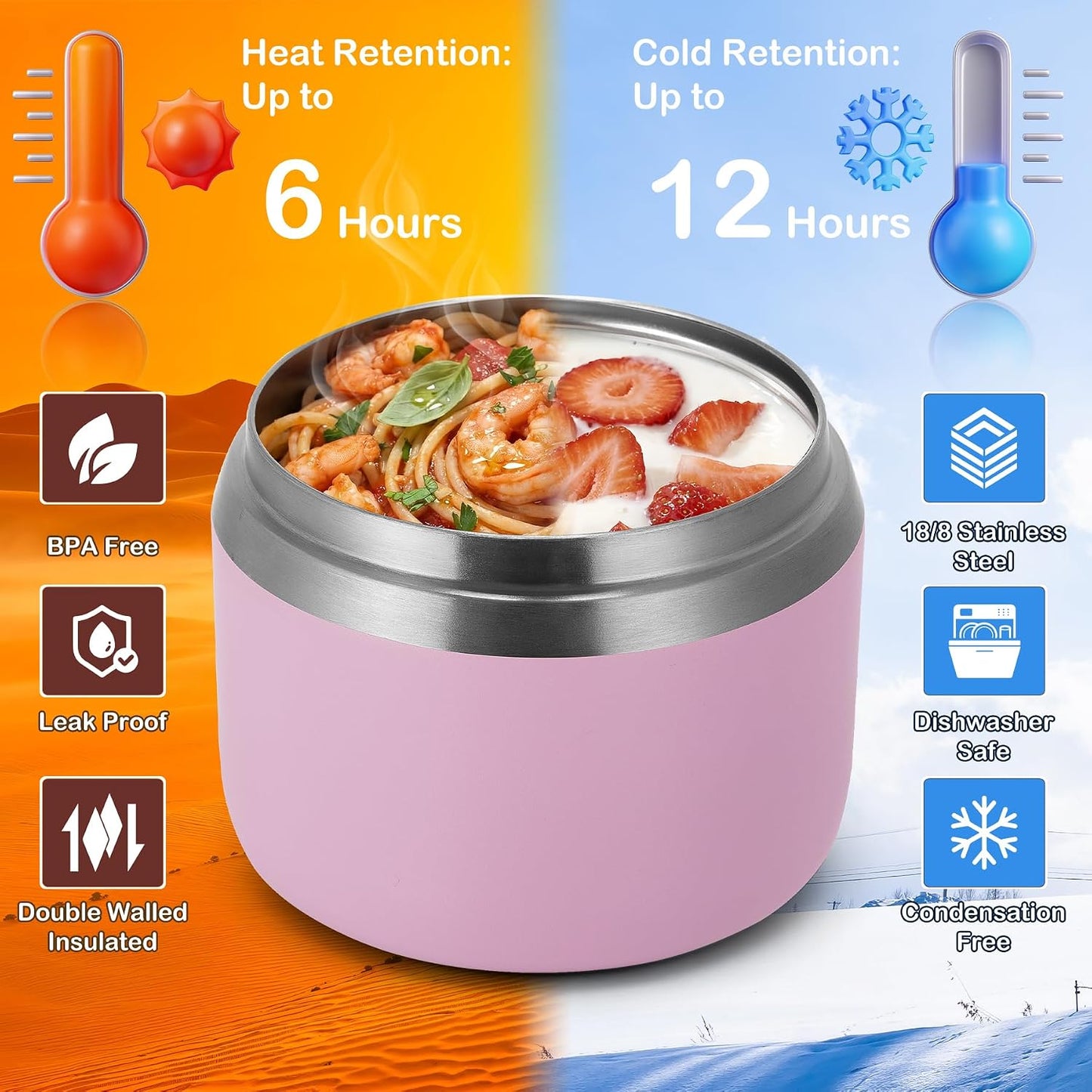 14oz Vacuum Insulated Food Jar with Spoon Buckle Lid, Kids Soup Thermo for Hot Food Wide Mouth Leakproof Stainless Steel Lunch Container - Pink