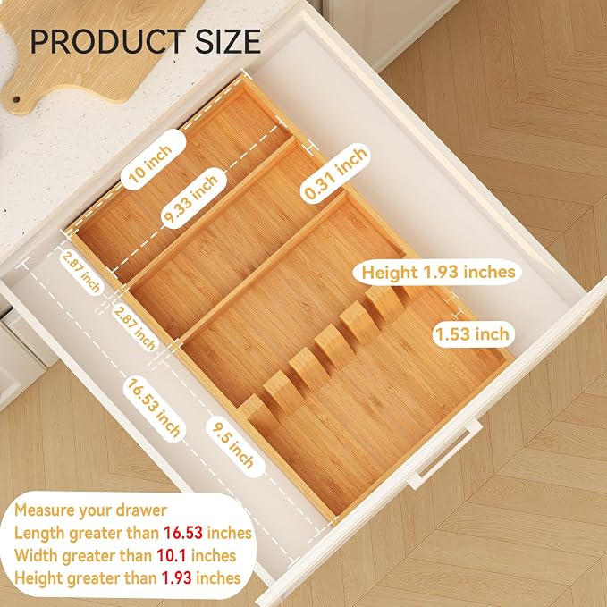 Yofidra Pure Bamboo Silverware Drawer Organizer: 16.53" Lx10 Wx1.93 H Large - Image 7