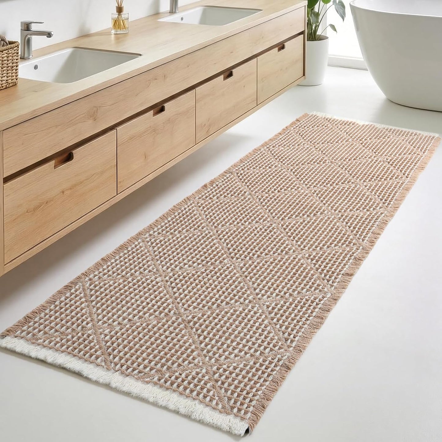 Large Bathroom Rugs 2' x 6', Long Runner Rug Waffle Bath Mat for Kitchen Rugs, Absorbent and Washable Bathroom Mat for Laundry Room, Soft Boho Runner Decor, Entryway Hallway Runner Rug No Slip