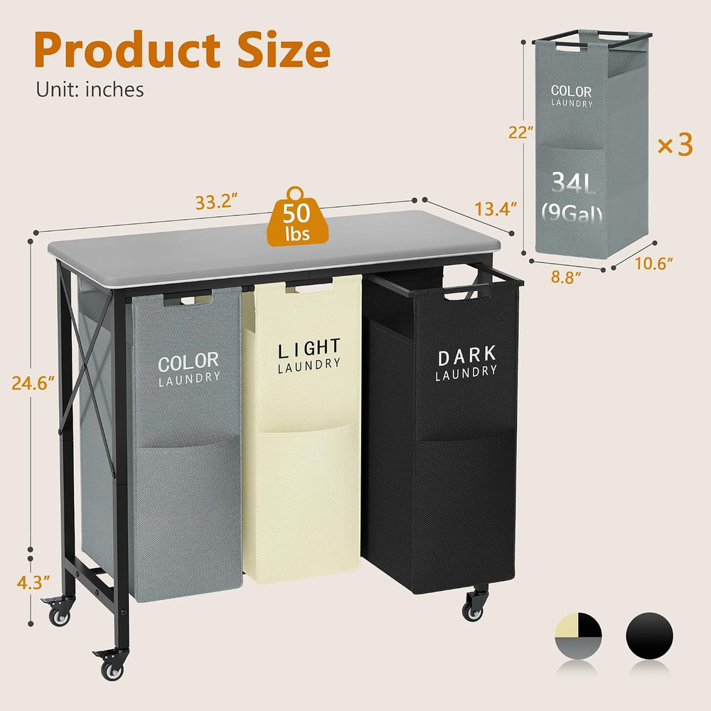 Gewudraw 3 Section Laundry Hamper with Ironing Board