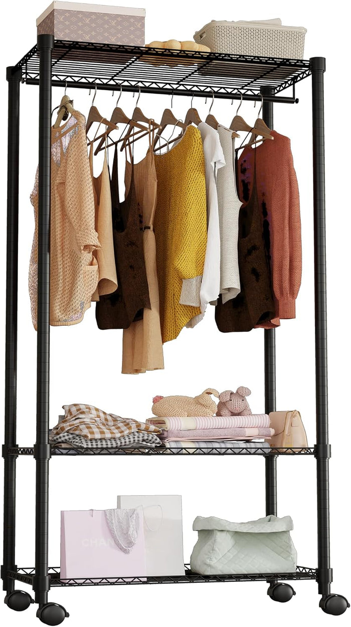Moogiitools Heavy Duty Rolling Garment Rack 3 Tiers Adjustable with 25mm thick iron pipe,Freestanding Wardrobe Closet Storage Metal for Clothing Hanging （Set of 4 Brake Caster Wheels Included)