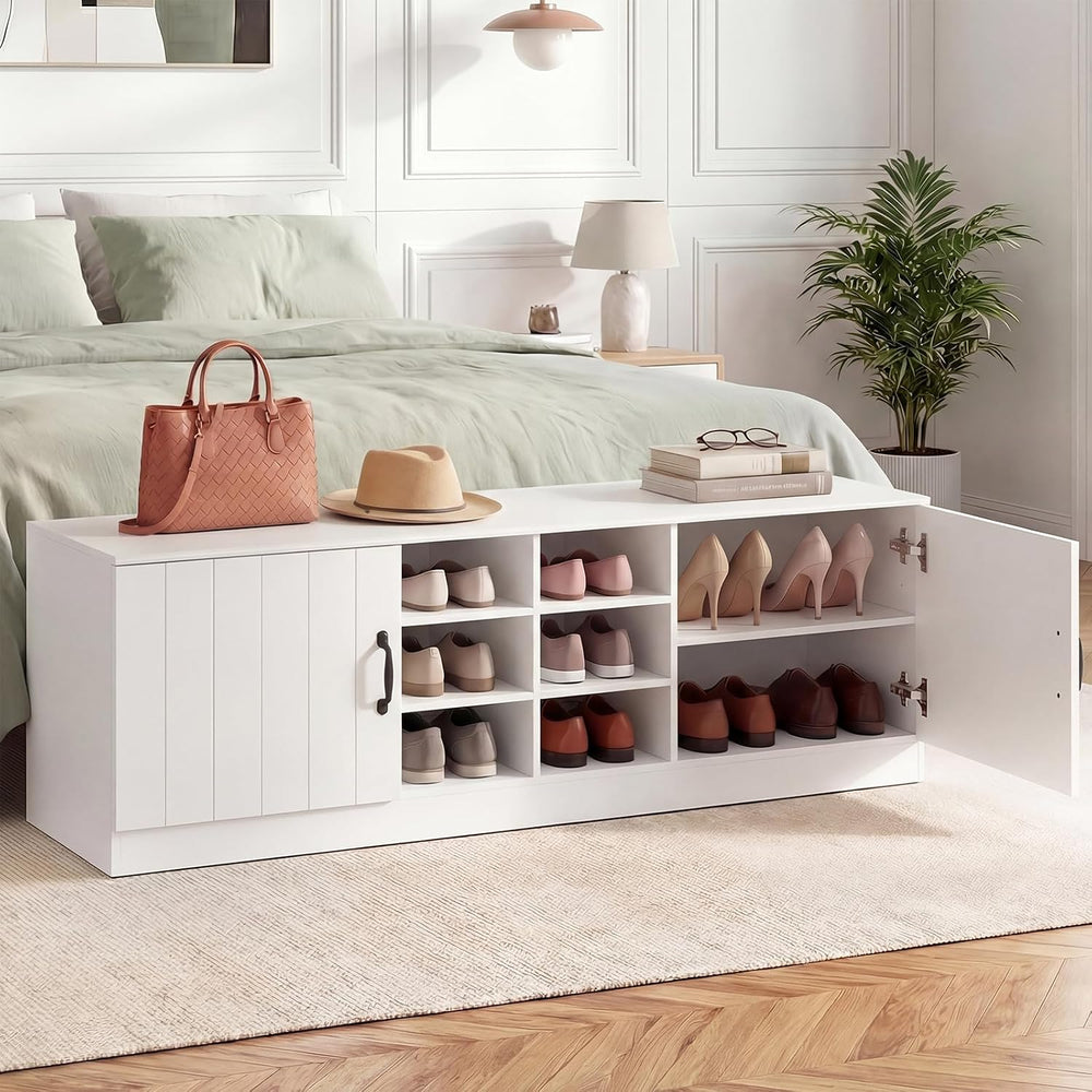 Giantex 2-Door Shoe Storage Bench, Wooden Entryway Bench with Storage, Adjust...