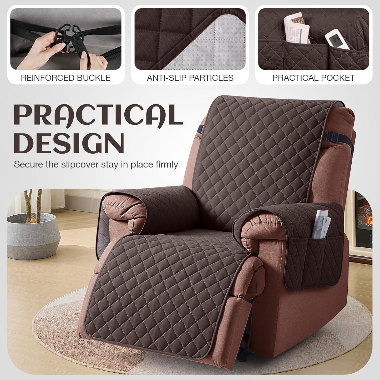 KinCam 100% Waterproof Recliner Chair Cover, Reclining Couch Covers for Pets, Dogs, Recliner Couch Slipcover Furniture Protector with Elastic Straps for Kids(23.6", Chocolate)