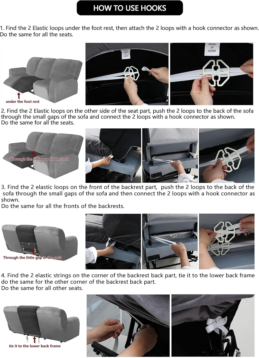 ULTICOR Velvet 8-Pieces Recliner Sofa Covers Stretch Reclining Couch Covers for 3 Cushion Reclining Sofa Slipcovers Furniture Covers Thick Soft Washable (3 Seater Recliner Cover, Dark Gray)