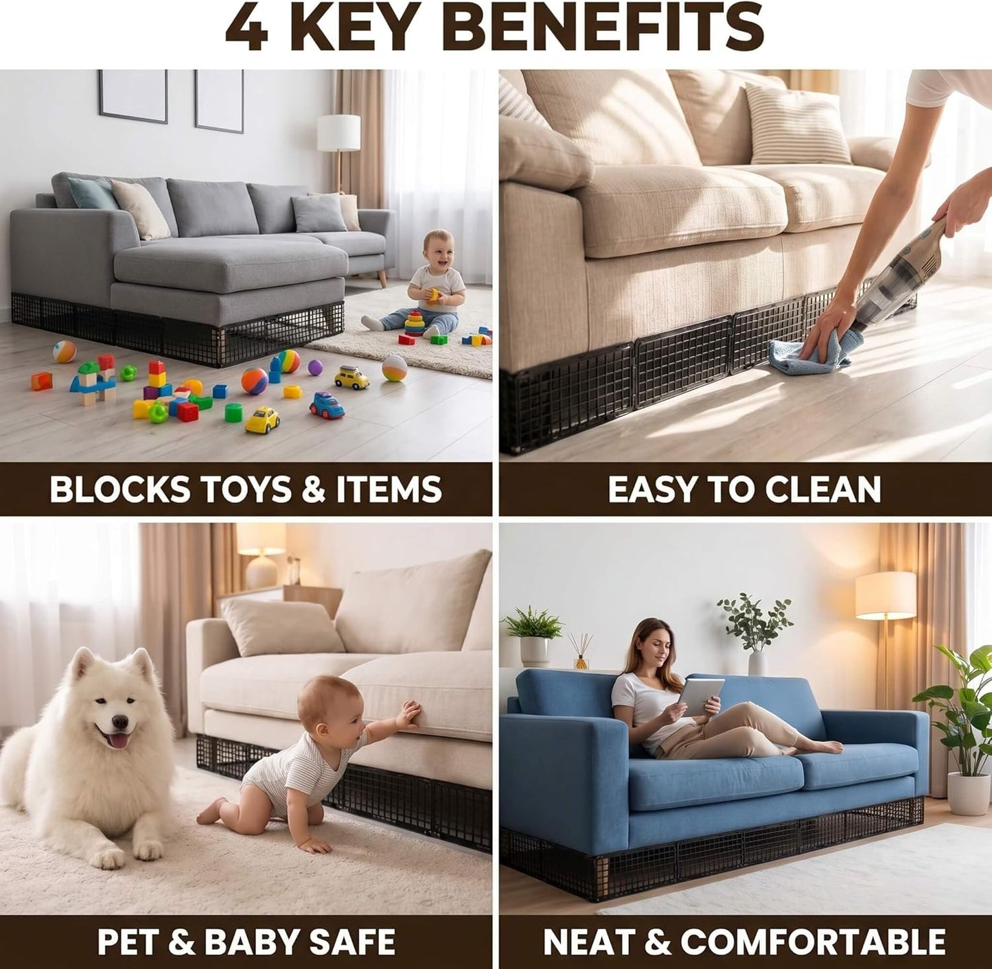 12Pcs Under Couch Blocker for Bed Adjustable Furniture Plastic Under Bed Blocker with 32ft Cut-to-Size Hook & Loop Secured Furniture Feet Ties & 40 Ties, Black Couch Barriers for Dogs Pets Cat