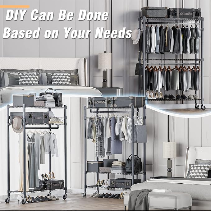 Homdox Rolling Clothes Rack Heavy Duty, 3-Tier Adjustable Wire Shelving Garment - Image 6