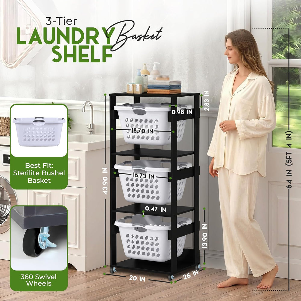 Laundry Basket Holder Shelf, Stackable Laundry Sorter (Black, 3 Tier)