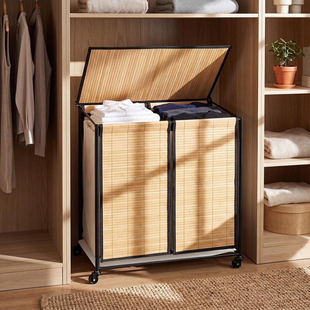 GOFLAME Bamboo Laundry hamper with Lid, 2-Section Rolling Laundry Basket with...