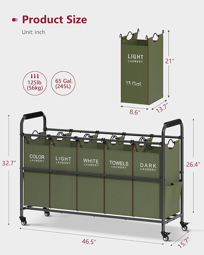 Tajsoon 5 Sections Laundry Sorter, Laundry Hamper - Image 7