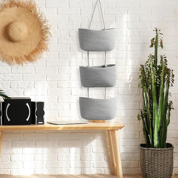 TeoKJ Over the Door Organizer, 3-Tier Woven Cotton Hanging Kitchen Baskets - Image 2