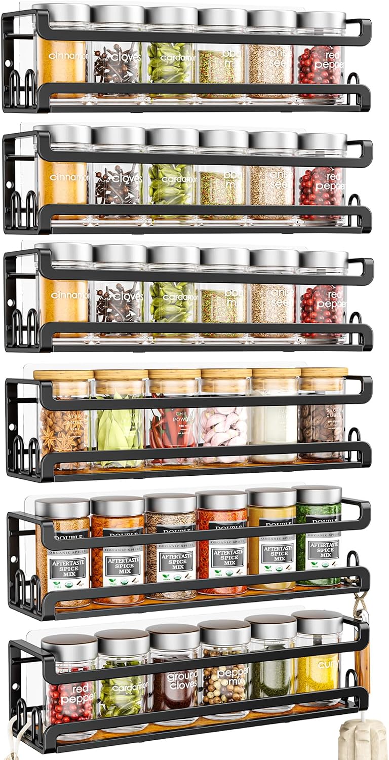 Doakhirmit Wall Mounted Spice Rack,Wooden Spice Holder Black,6 Pack | 24 Hooks,Screw or Adhesive Installation , Hanging Organizer for Stove Cabinet Pantry Door Kitchen and RV Use