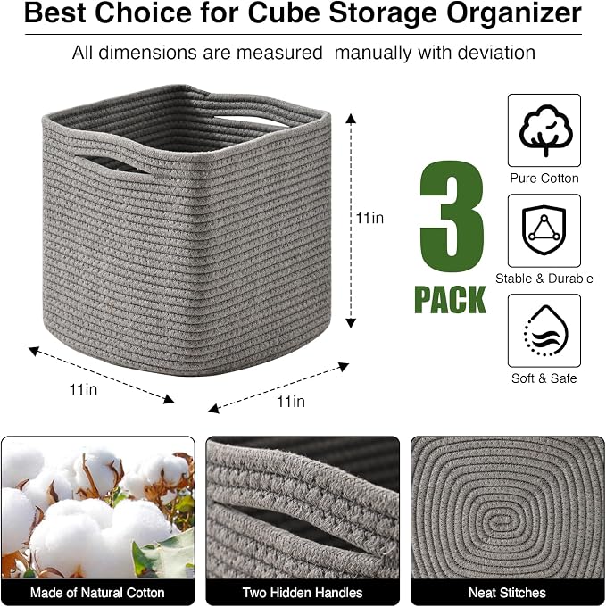 11 Inch Cube Storage Bins, Storage Cube Organizer Bins, Woven Cotton Rope Basket - Image 3