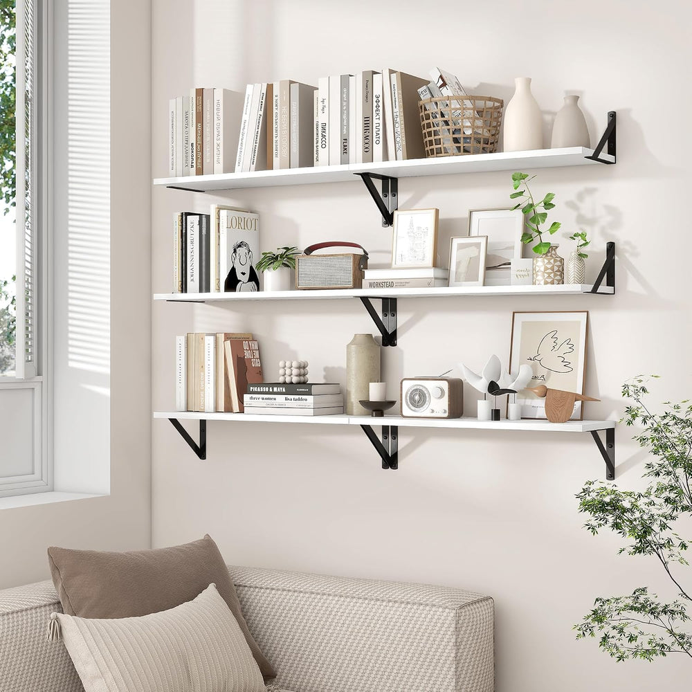 Axeman 48 Inch Floating Shelves, 8 Inch Deep White Wall Shelves Set of 2