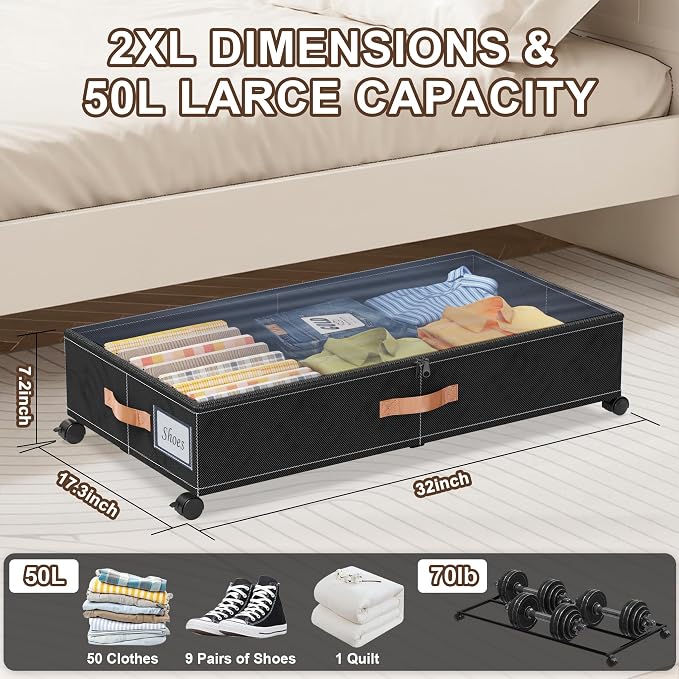 Under Bed Storage with Wheels, XXL 65L Under the bed storage Organizer Bins - Image 5
