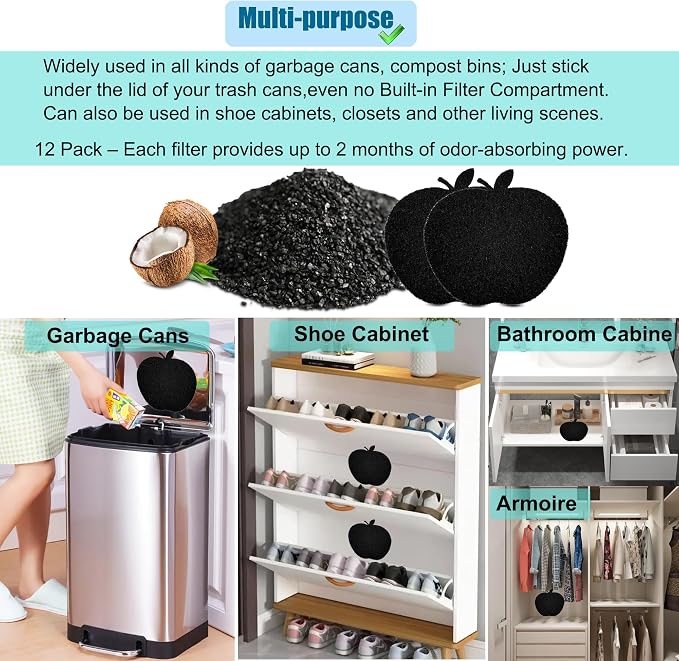 12-Pack Universal Trash Can Odor Absorbing Filters, Activated Charcoal - Image 6