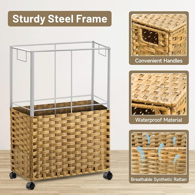 70L Slim Laundry Hamper with Lid & Wheels, 2-Park Rolling Laundry Basket with 4 - Image 7