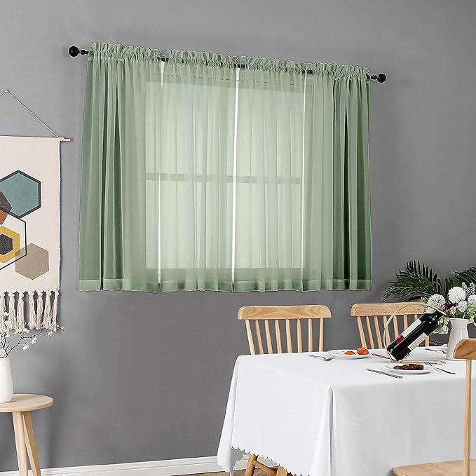 Chyhomenyc Sage Green Sheer Curtains 45 Inch Long 2 Panels, Short Voile Rod - Image 2