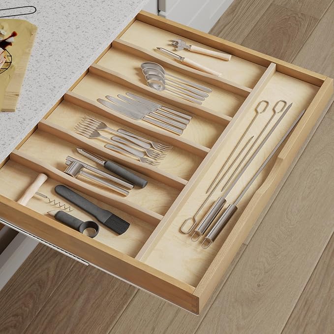 WelFurGeer Solid Birch Wood Silverware Drawer Organizer, Wooden Cutlery Drawer - Image 2