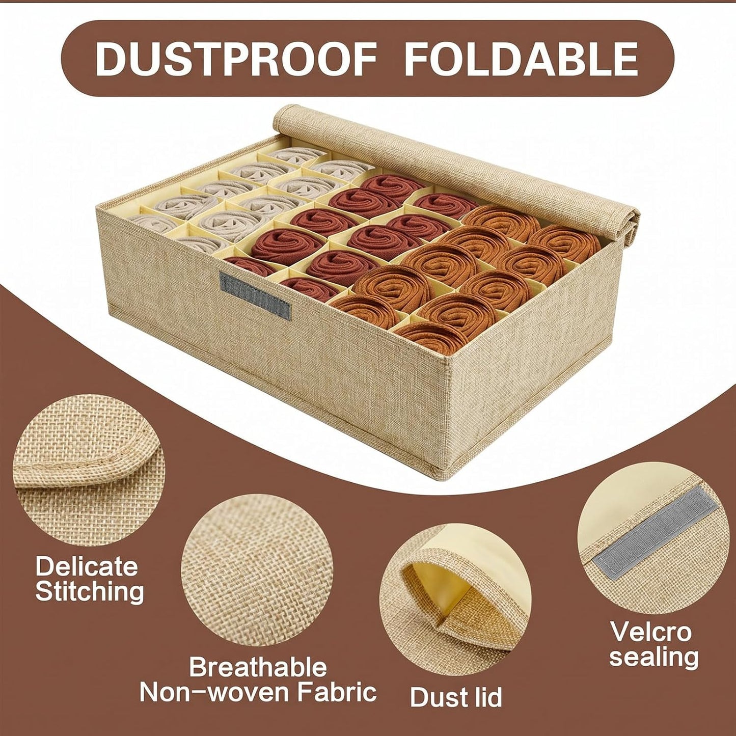 2-Pack Beige Sock & Tie Organizer with Lid, 30-Cell Foldable Storage Box | Keeps socks, ties, belts, small accessories neatly organized with a foldable, dustproof design and easy-access compartments