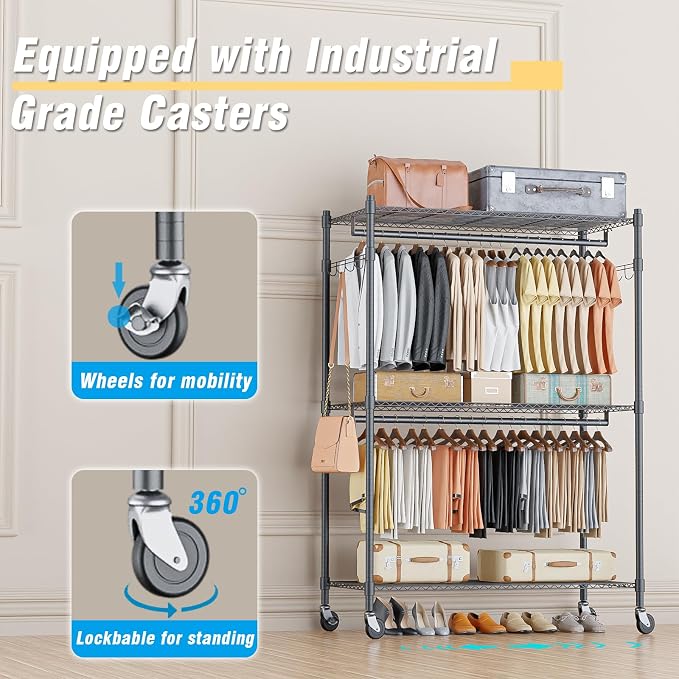 Homdox Heavy Duty Rolling Clothing Rack, Adjustable Garment Rack - Image 4