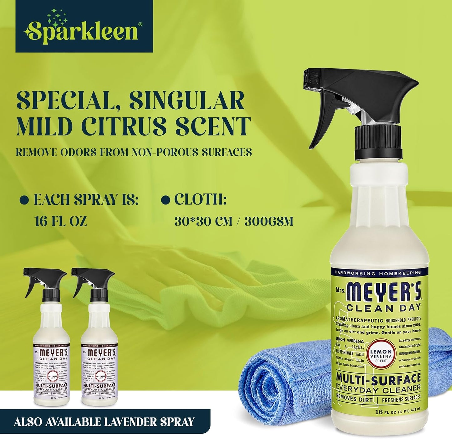 Mrs. Meyers Multi-Surface All Purpose Cleaner Set, Multi-Purpose Cleaner 2 Pack Spray and Cloth Set Bundle for Bathroom, Living Room or Bedroom, 16 oz, Lemon Verbena
