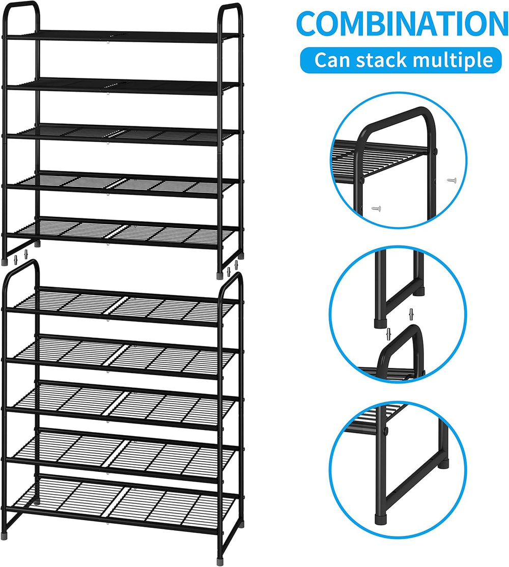 Simple Trending 5-Tier Stackable Shoe Rack, Expandable Shoe Shelf Black