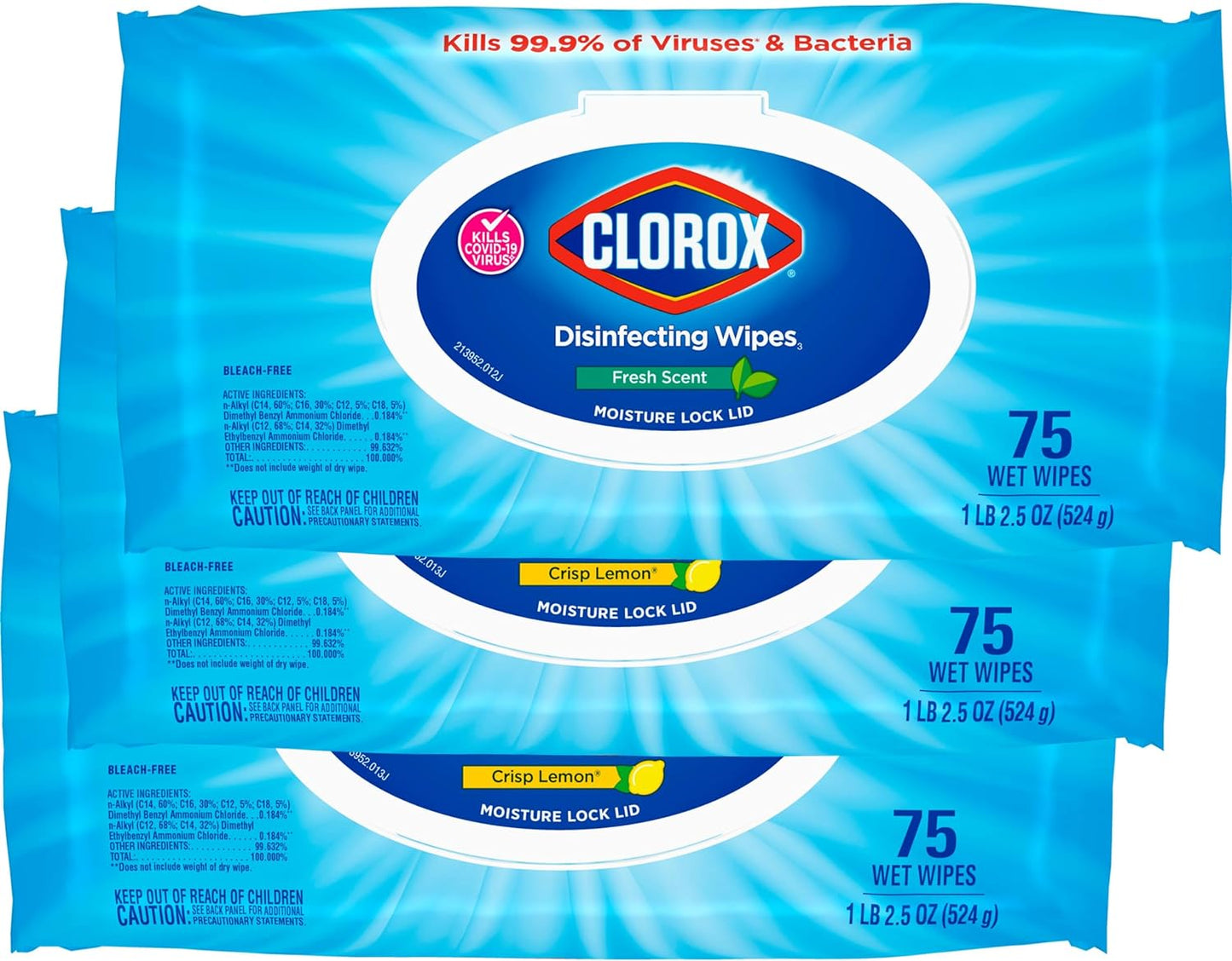 Clorox Disinfecting Wipes, Bleach Free Cleaning Wipes, Household Essentials, Dorm Room Essentials, 75 Wipes, Pack Of 3, Fresh Scent (Package May Vary)