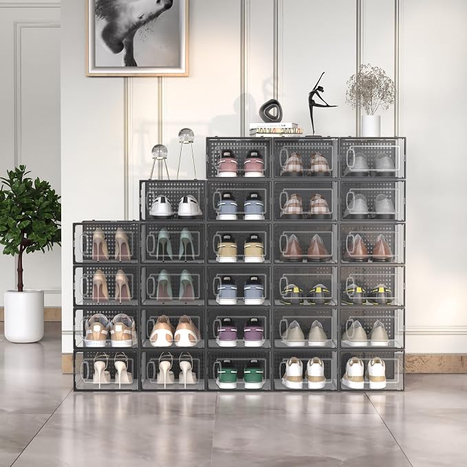12 Pack Large Modular Clear Plastic Stackable Shoe Storage Organizer - Image 2