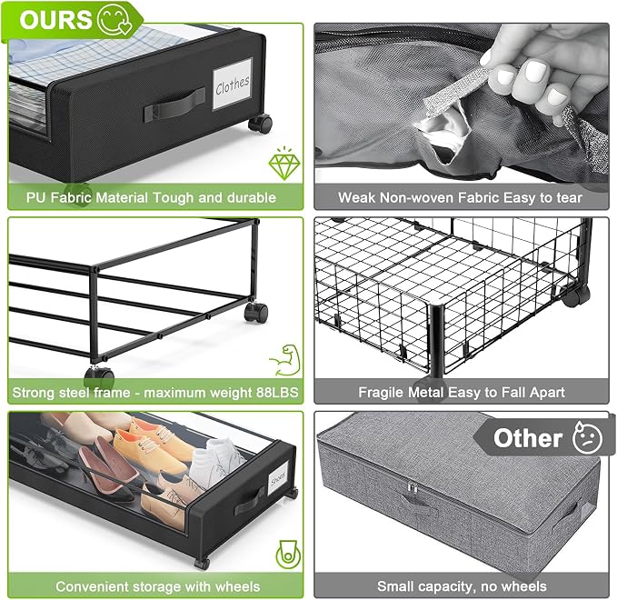 Under Bed Storage with Wheels, Underbed Storage Bins, XXL 60L Rolling Metal - Image 2