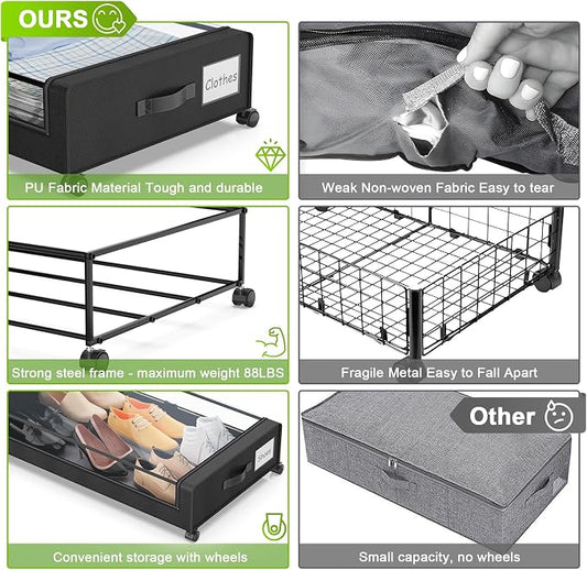 Under Bed Storage with Wheels, Underbed Storage Bins, XXL 60L Rolling Metal - Image 2