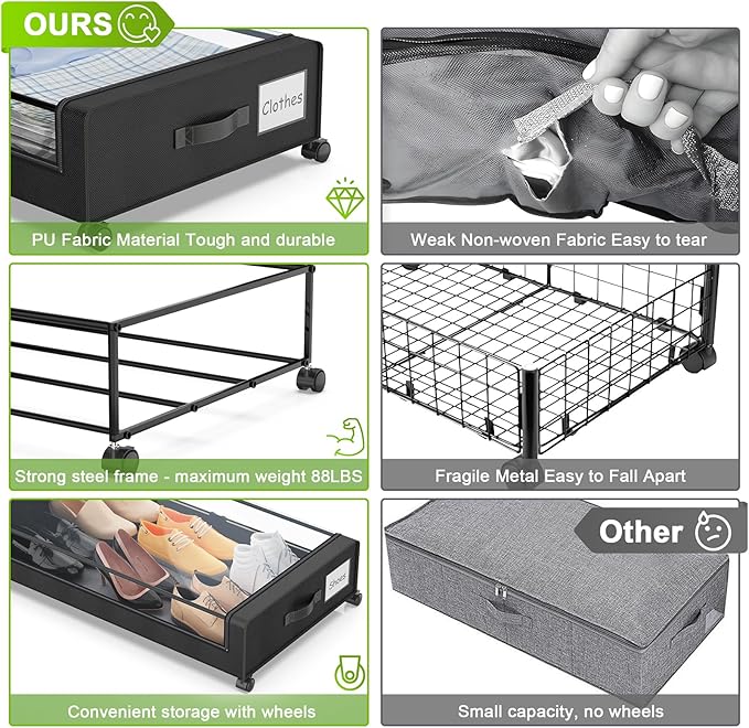 Under Bed Storage with Wheels, Underbed Storage Bins, XXL 60L Rolling Metal - Image 2