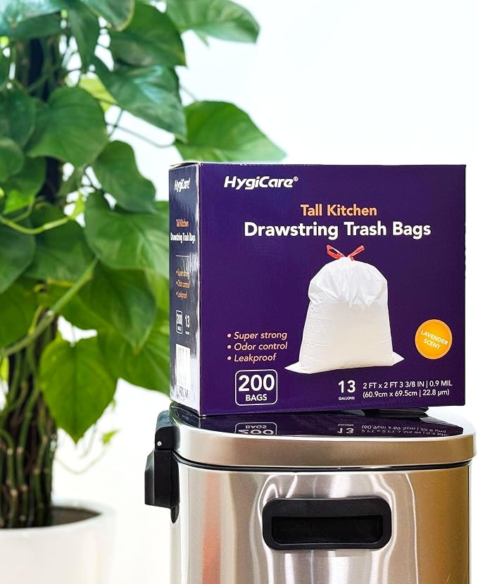13 Gallon Tall Kichen Trash Bags, Lavender Scented 200 Count Drawstring Garbage - Image 2