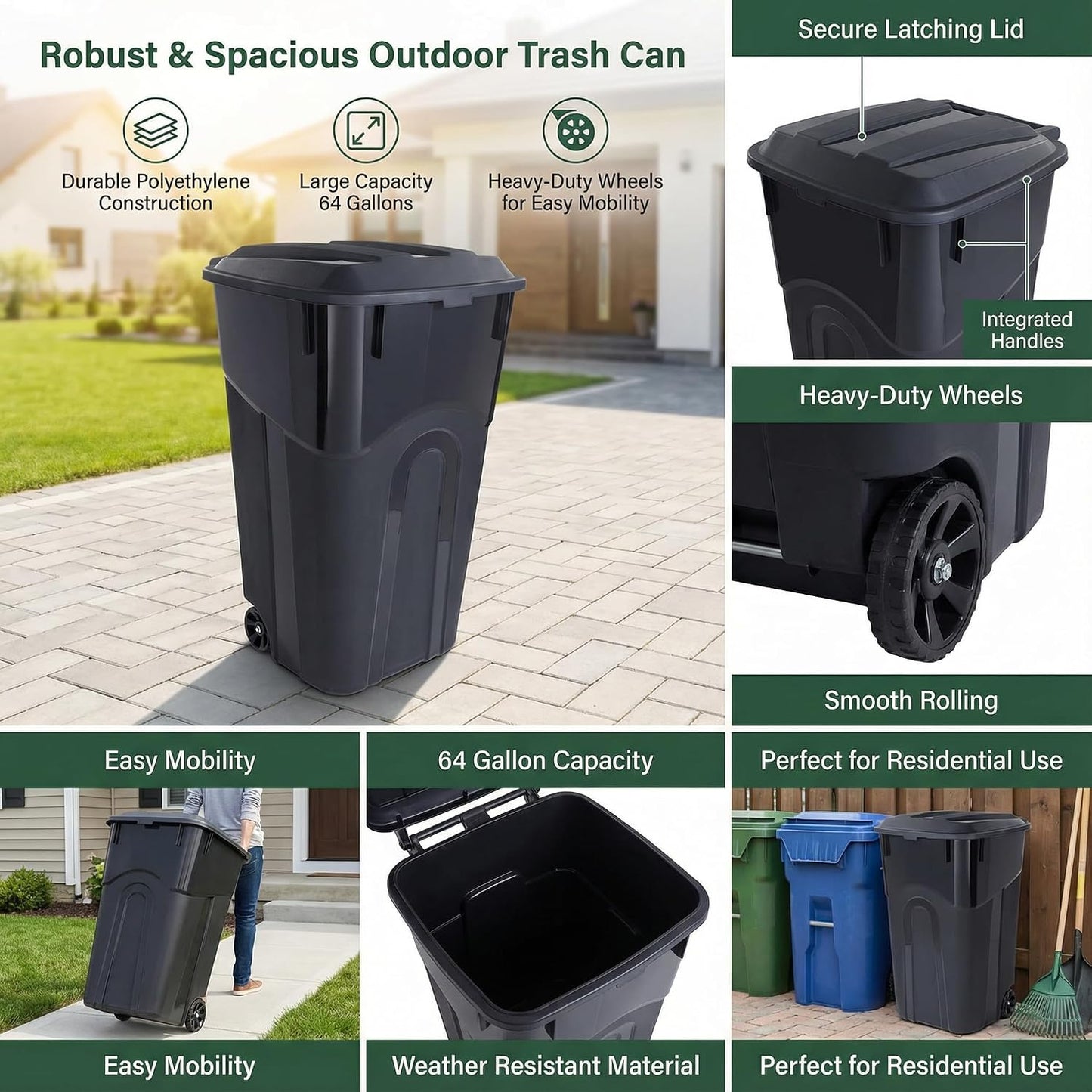 32 Gallon Wheeled Heavy Duty Plastic Garbage Can with Attached Lid – Rugged Wheels, Easy Grip Handle for Indoor/Outdoor Use
