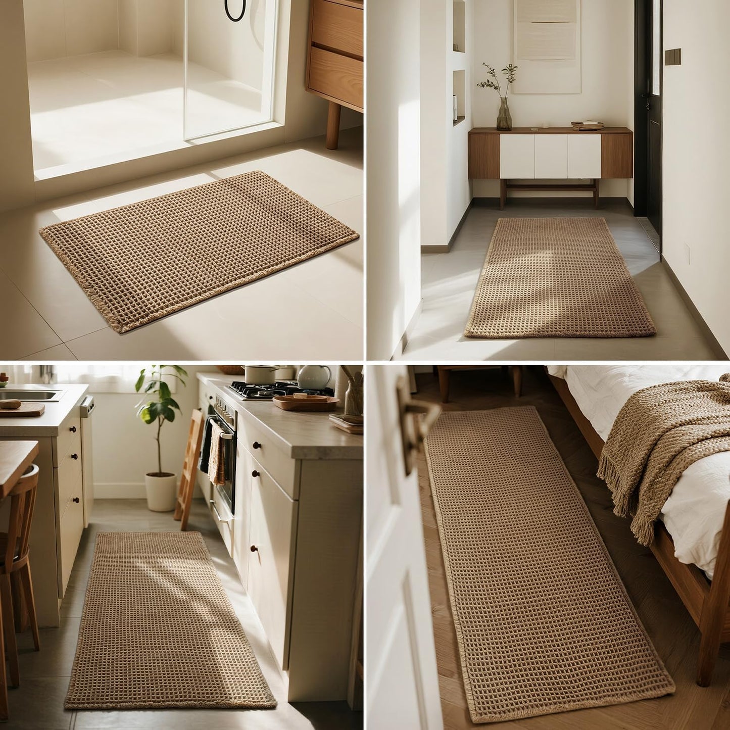 Triohero Waffle Bath Mat, Small Boho Bathroom Rugs Non Slip Washable, Ultra Soft Super Absorbent Quick Dry Farmhouse Bathroom Decor, 16" x 24", Khaki