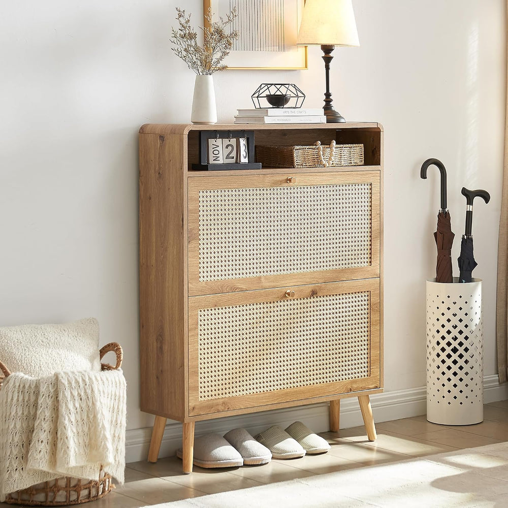 Shoe Storage Cabinet with 2 Flip Drawer Natural Rattan Shoe Cabinet Organizer...