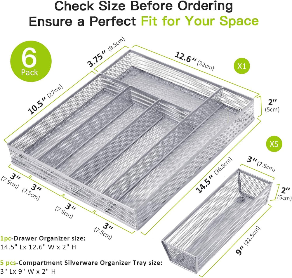Neudeco Drawer Organizer Set, Silver Mesh, 6 Pack