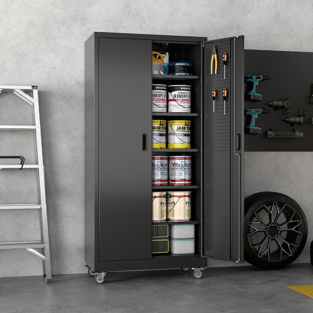 Aobabo Metal Garage Storage Cabinet with Wheels, 71" H, Black