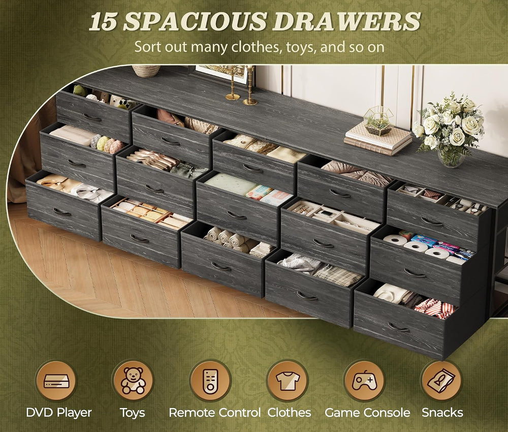 Huuger 78.7 inch Long Dresser for Bedroom, 15 Drawer Fabric Dresser for Close...