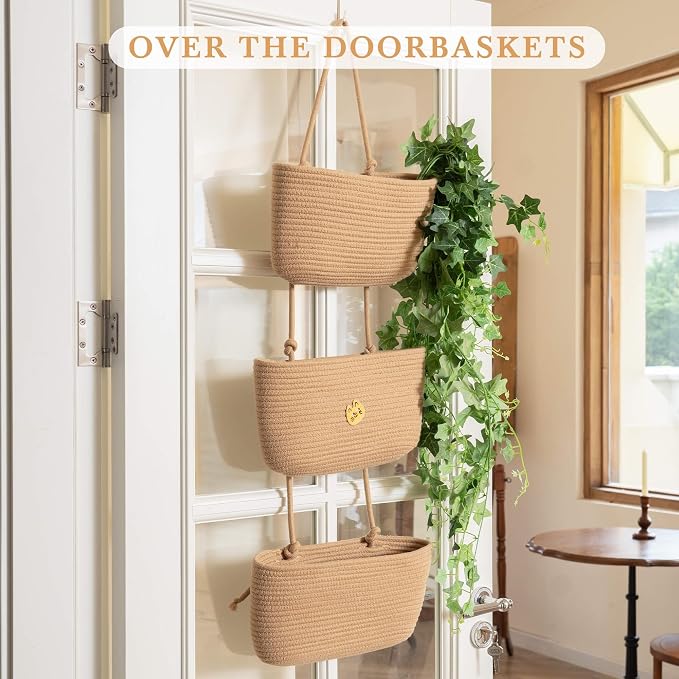 TeoKJ Over the Door Hanging Basket, 3-Tier Woven Cotton Wall-Mounted Storage - Image 8